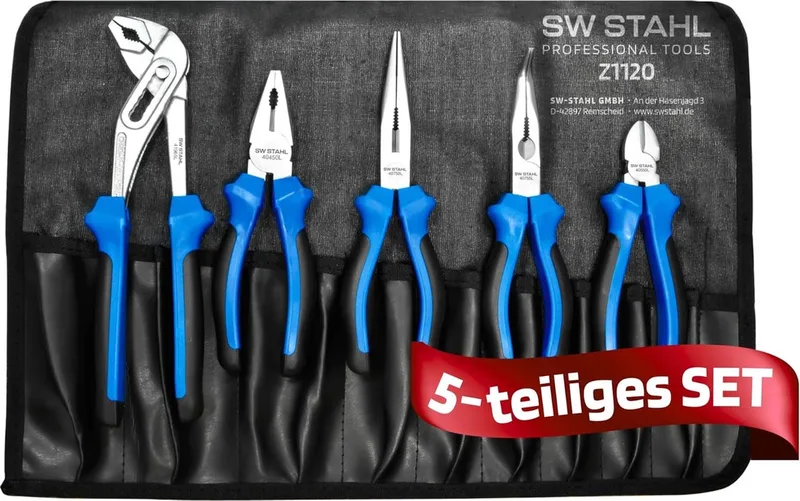 Z1120 5-delige tangenset I Combinatietang klein I Zijkniptang klein I Waterpomptang 240 mm I Rechte telefoontang I Gebogen telefoontang I Gereedschapstassenset I Elektrisch gereedschaptang de SW-Stahl, Argent – image du produit