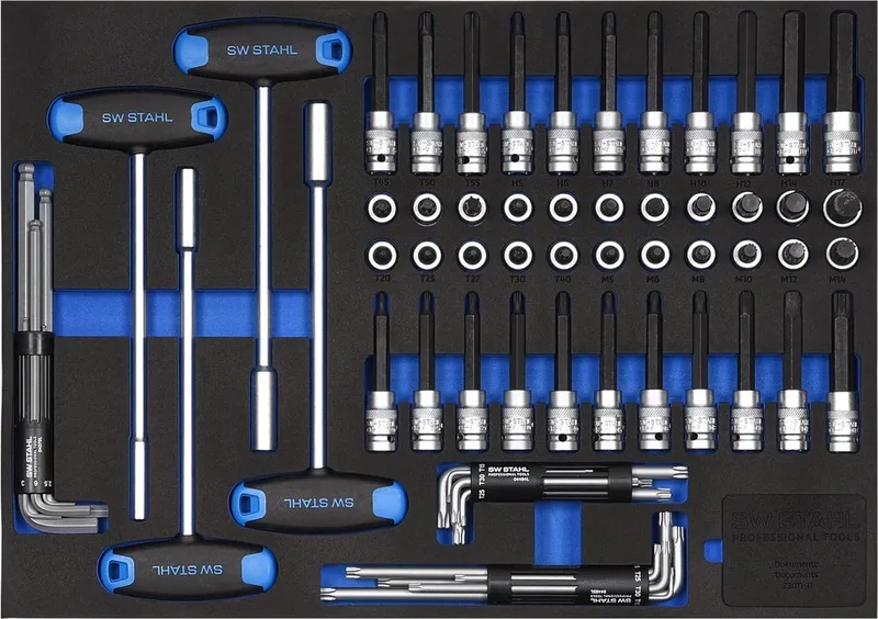 Z3011-11 Serie werkplaatswagens, dopsleutel 1/2", 72-delig, gereedschapswagen-inzetstukken, professionele werkplaatsuitrusting, gereedschapsinzet voor voertuigen van SW-Stahl, Blauw – productafbeelding