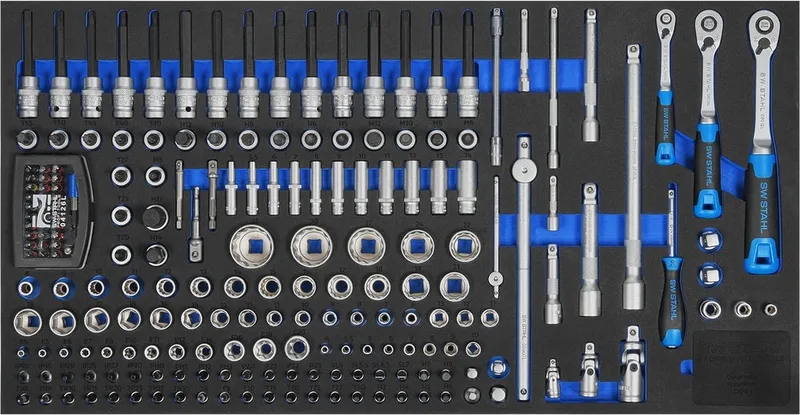 Z3011-3 assortiment werkplaatswagens, dopsleutel 1/4", 3/8", 1/2", met ratels, 167-delig, gereedschapswagen-inzetstukken, professionele werkplaatsuitrusting, gereedschapsinzet voor voertuigen de SW-Stahl, Argent – image du produit