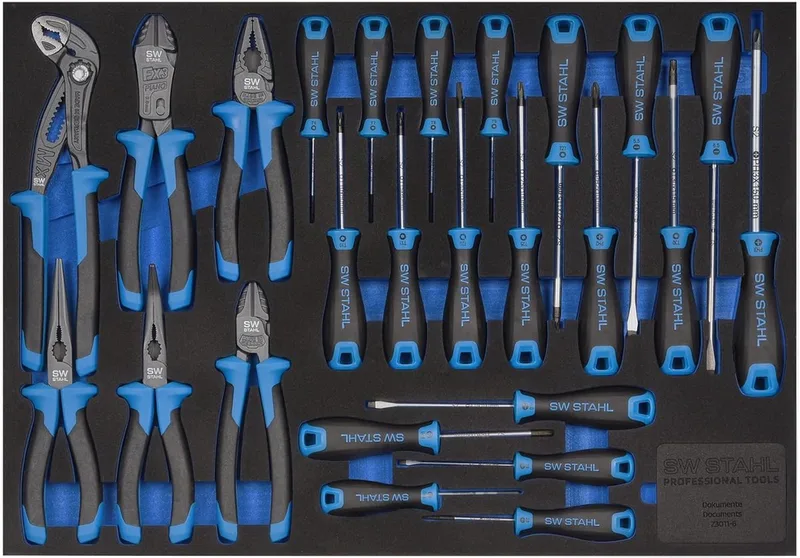 Z3011-6 werkplaatswagenassortiment, schroevendraaiers en tangen, 25-delig, gereedschapswagen-inzetstukken, professionele werkplaatsuitrusting, gereedschapsinzet uitgerust voor voertuigen, gereedschapsset van SW-Stahl – productafbeelding