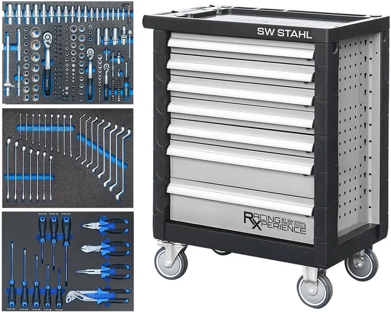 Z3703 werkplaatswagen assortiment I I voorzien van 207 delig I werkplaatswagen gereedschapswagen gevuld I gereedschapskast geperforeerde wand I gereedschapset I wagen metaal werkplaats I gereedschap automotive de SW-Stahl, Argent – image du produit