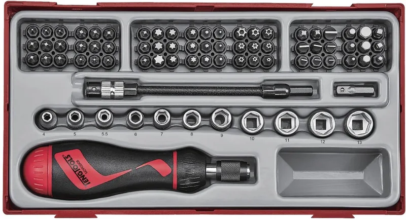 Bitsen- en doppenset met ratelschroevendraaier TT1 tray 1/4 PH- PZ- Plat- TX-- TPX- HEX- ROB- gr 84 delig Teng Tools TTMDR84 von Teng Tools, Rot – Produktbild