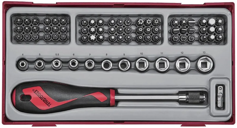 Bitsen- en doppenset TT1 tray 1/4 PH- PZ- Plat- TX-- TPX- HEX- ROB- gr 76 delig Teng Tools TTMDQ76 van Teng Tools – productafbeelding