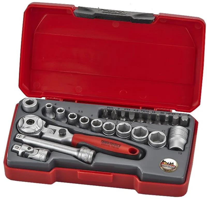 Doppen- en bitsset 1/4 swivel ratel 24 dlg Teng Tools T1424S von Teng Tools, Rot – Produktbild