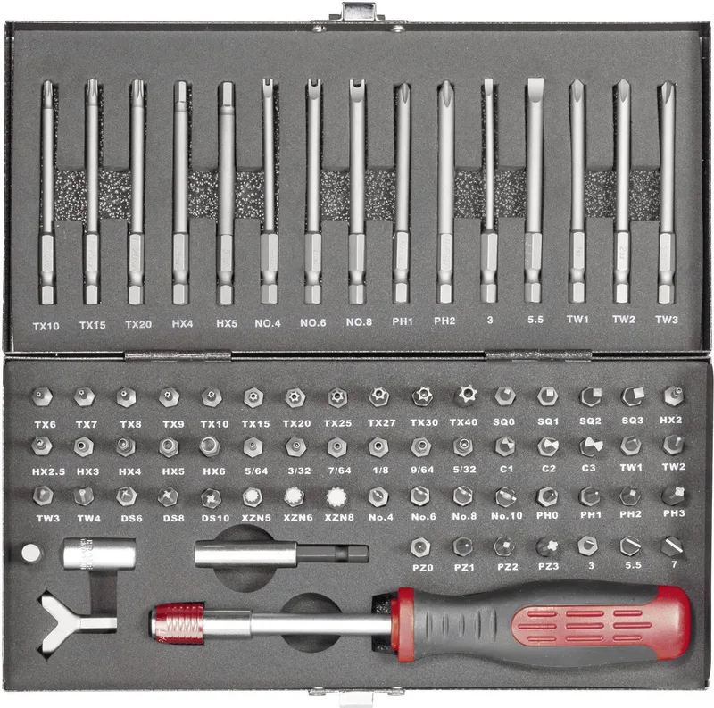 HT02183 820952 Bitset 75-delig Plat, Inbus, Clutch, Tri-Wing, Torque, Veeltand (XZN), Kruiskop Pozidriv, Krui van Toolcraft – productafbeelding