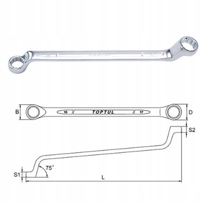 Dubbele Ringsteeksleutel 17x19 mm, 290 mm, 75° Gebogen by Toptul – product image