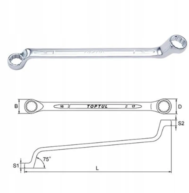 Ringsteeksleutel 16x17mm, 258mm, 75° gebogen van Toptul – productafbeelding