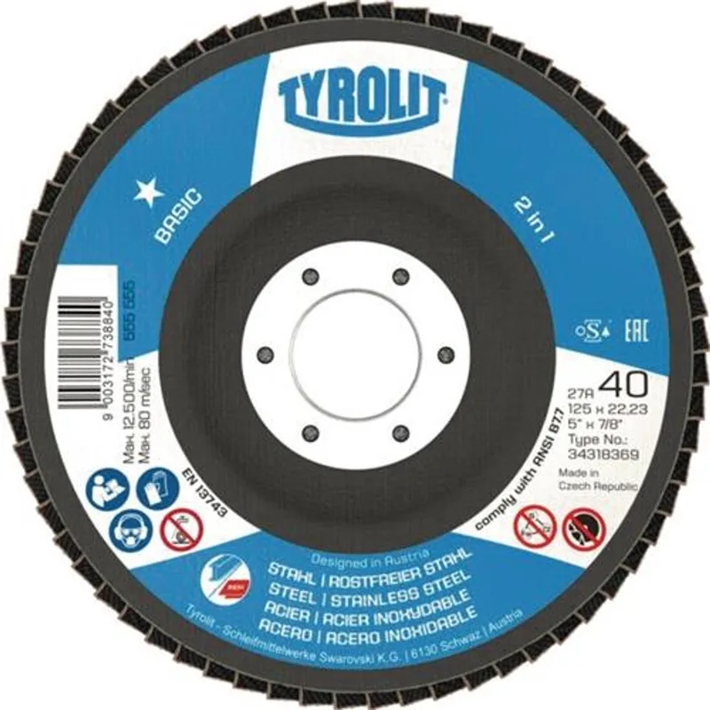 Fächerscheibe BASIC D.125mm K.40 gekr.Stahl,VA ZA-ZK TYROLIT Lamellenschijf BASIC D.125mm K.40 gebogen staal, RVS ZA-ZK TYROLIT van Tyrolit – productafbeelding