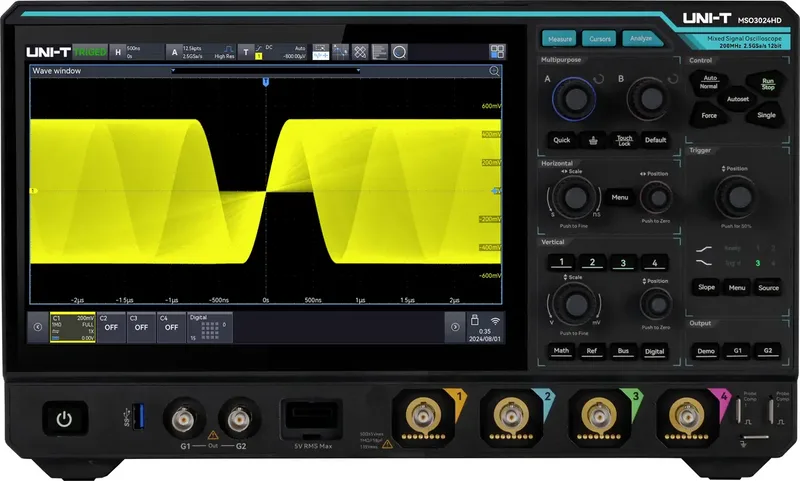 MSO3024HD Digital-Oszilloskop 200 MHz 2.5 GSa/s 500 Mpts 12 Bit Spectrum-Analyser, Funktionsgenerator, Digital-Speicher (DSO), Mixed-Signal (MSO) von UNI-T – Produktbild 1 von 2