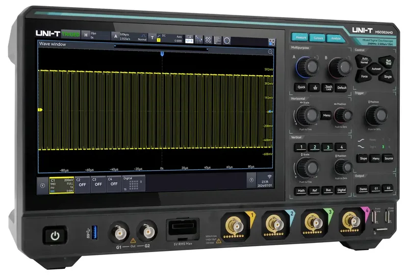 MSO3024HD Digital-Oszilloskop 200 MHz 2.5 GSa/s 500 Mpts 12 Bit Spectrum-Analyser, Funktionsgenerator, Digital-Speicher (DSO), Mixed-Signal (MSO) von UNI-T – Produktbild 2 von 2