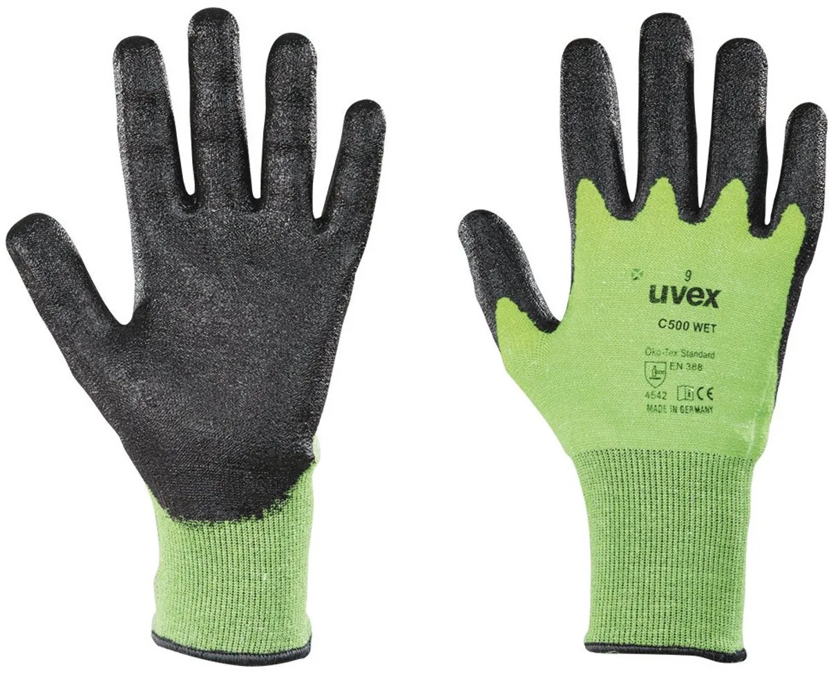 C500 dry/wet Snijbestendige handschoen wet van Uvex, Lime, Antraciet, XL – productafbeelding