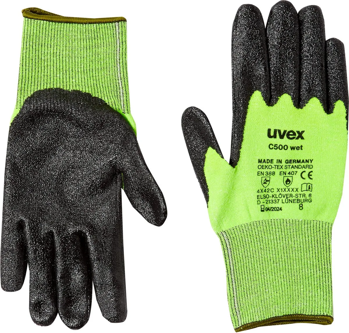 C500 dry/wet Snijbestendige handschoen wet M van Uvex, Groen, Zwart – productafbeelding