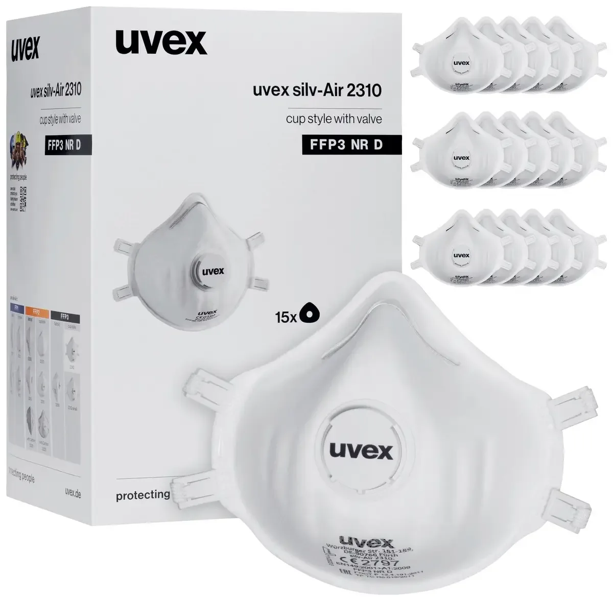 silv-Air classic 2310 8762310 Finstøvmaske med ventil FFP3 D 15 stk EN 149:2001 + A1:2009 DIN 149:2001 + A1:2009 fra Uvex – produktbillede