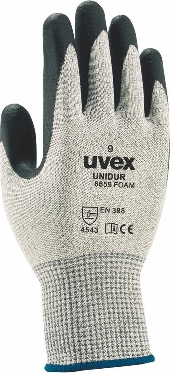 Unidur 6659 Foam Handschoen van Uvex, Grijs, Zwart, 7 – productafbeelding