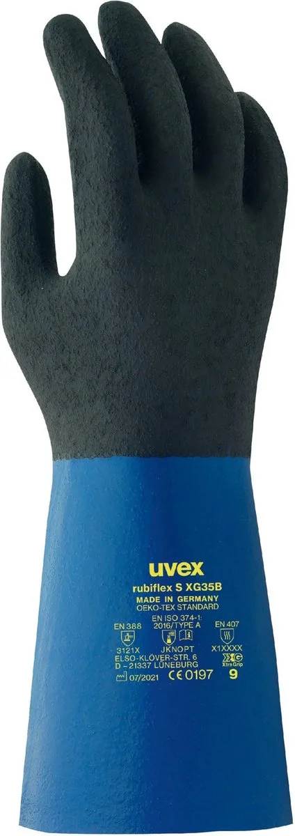 uvex 6055707 rubiflex S XG35B Chemicaliënhandschoen Maat (handschoen): 7 1 paar van Uvex, Zwart, Blauw – productafbeelding