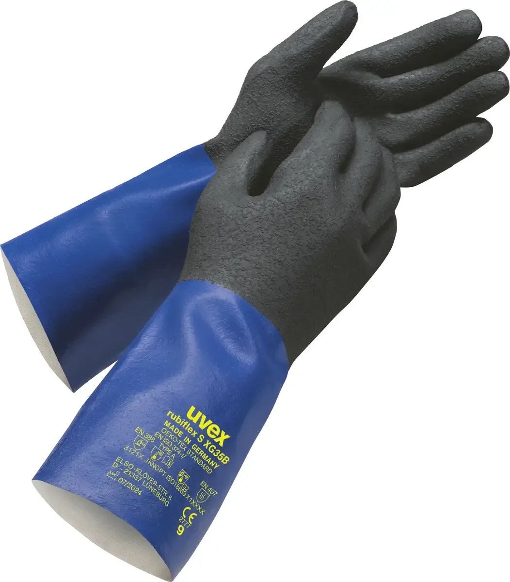 uvex 6055708 rubiflex S XG35B Chemicaliënhandschoen Maat (handschoen): 8 EN 374-1:2016/ Typ A ISO 18889:2019 1 paar van Uvex, Zwart, Blauw – productafbeelding