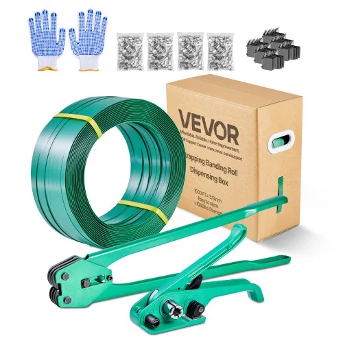 Banding Strapping Kit, Kraftigt bandingforseglerværktøj med 457 m PET-bånd, 450 metalforseglinger, 150 hjørnebeskyttere og handsker, plastpalleemballagestrammingssæt til lager/forsendelse/flytning de Vevor – image du produit
