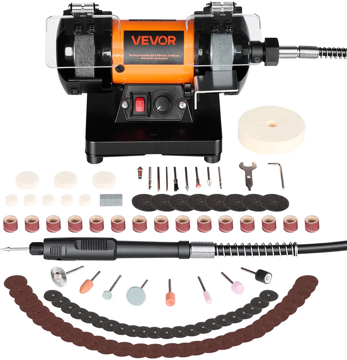 Dubbele Slijpmachine 8300–10600 RPM Instelbaar, Dubbele Slijpmachine met Slijp-, Vezel- en Wollen Slijpschijven, 100-Delige Accessoire Set, Tafelslijpmachine voor Sieraden, Hout, Metaal, Ruwe Steen, Jade (Doe-Het-Zelf) von Vevor – Produktbild