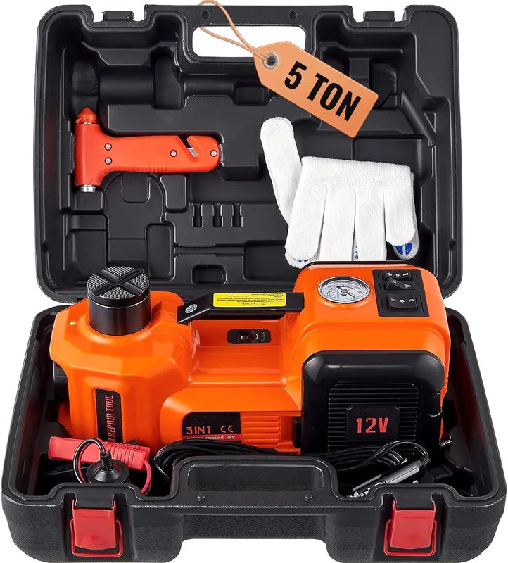 Elektrischer hydraulischer Wagenheber, 5 t, 180 W, Hydraulikzylinder 155–450 mm, mit Handpumpe, Batterieklemme, Werkzeugkasten und Netzkabel für Autos und SUVs de Vevor – image du produit