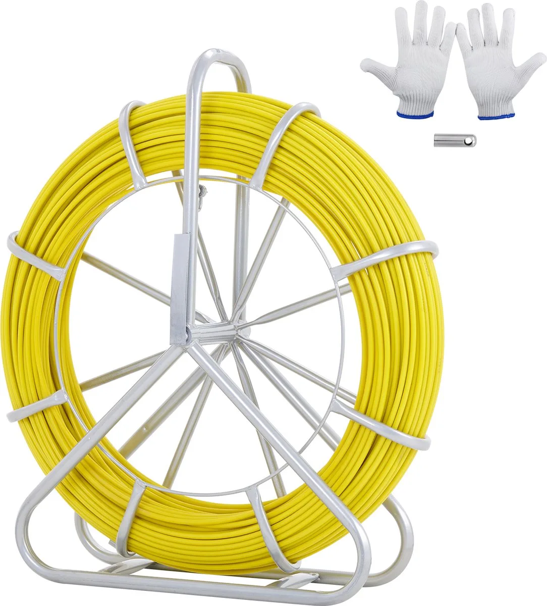 Glasvezel Kabelwiel ø7.9mm X 150m Glasvezel Staaf Incl. Stalen Haspel Handschoenen Remgreep Metalen Trekkoppen Visband -40℃ Tot +80℃ Intrekhulp Intrekband Intrekspiraal fra Vevor, Geel+wit – produktbillede