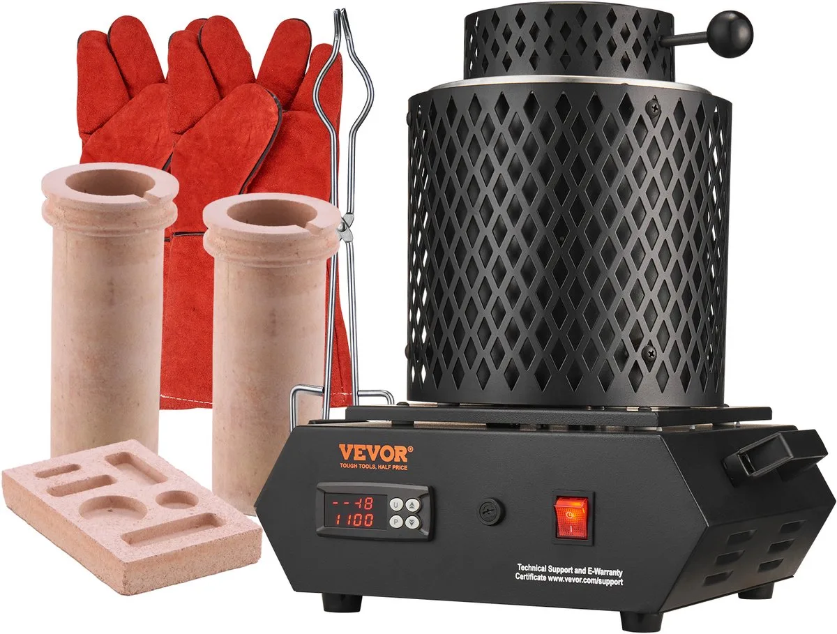 Goudsmeltoven 1350 W 1150 °C Max. Temperatuur, Digitale Elektrische Smeltoven 1 kg / 3 kg Keramische Smeltkroes met Smeltkroestang & Handschoenen, voor de Verwerking van Goud Zilver Koper Aluminium Rood de Vevor – image du produit