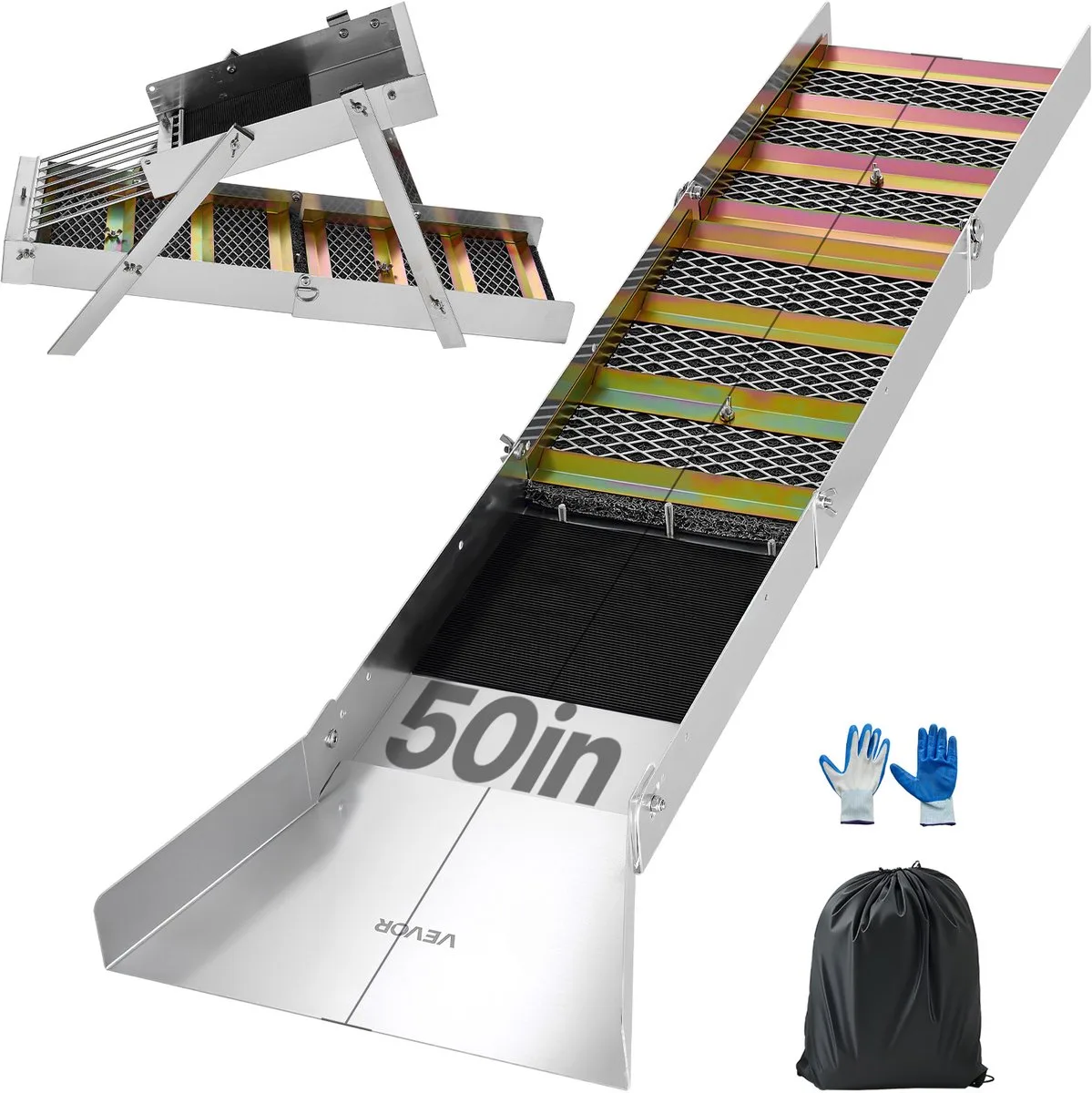 Highbanker Goudsluis 127 Cm, 2-In-1 Opvouwbare Highbanker Sluis, Aluminiumlegering, Mijnbouwuitrusting met Rugzak en Beschermende Handschoenen, Ideaal voor Beken, Rivieroevers en Rivieren. de Vevor, Argent – image du produit