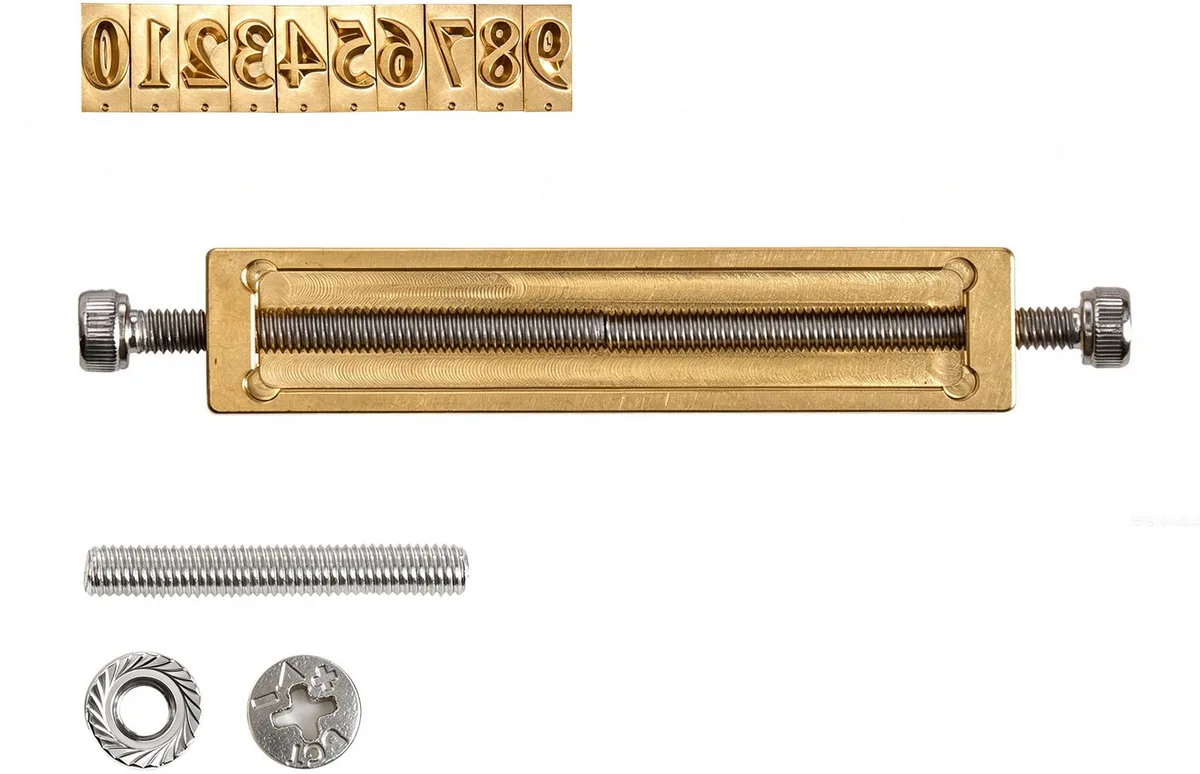 Hot Stamping Cijfers Messing Embossinggereedschap 10-Delige Set Cijferstempel, Compatibel met VEVOR Stansmachine, 0 tot 9, T-Sleufontwerp, met Frame, Inbussleutel, Moeren, Schroeven, Houder, Pincet de Vevor, Or – image du produit