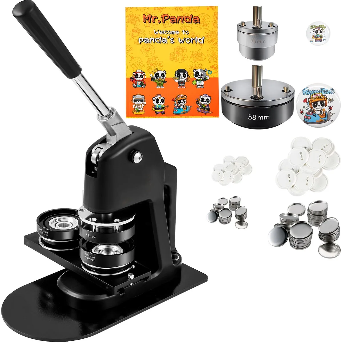 Knopenmachine Badge Making Machine 58mm & 300st 25mm Button Machine Badge Punch Press Inbussleutel Badge Press Badge Aluminium Button Maker de Vevor, Noir – image du produit