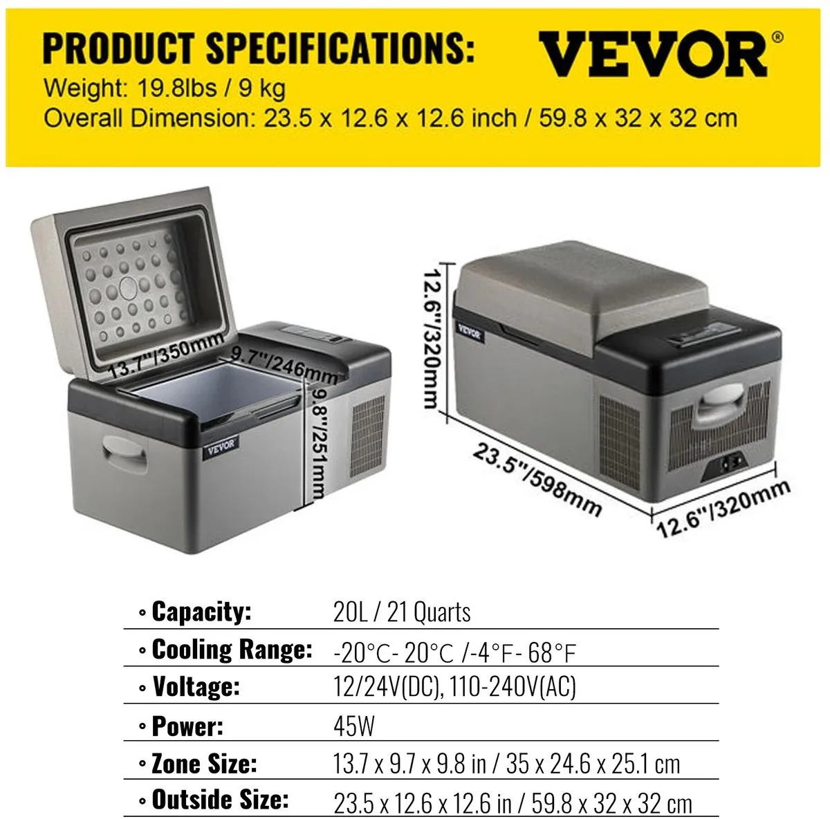 Lunekiss Draagbare Mini Koelkast 20L – Compressor Koelbox – Dual Zone – 12/24V & 110–240V by Vevor, Grey – product image