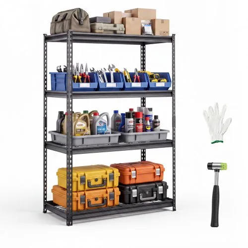 Opbevaringsreoler, 4-lags 1088,6 kg Garagereol 102 x 51 x 152 cm, til garage, kælder, lager, køkken, kraftig metalkonstruktion, justerbare trådhylder, med handsker, sort de Vevor – image du produit