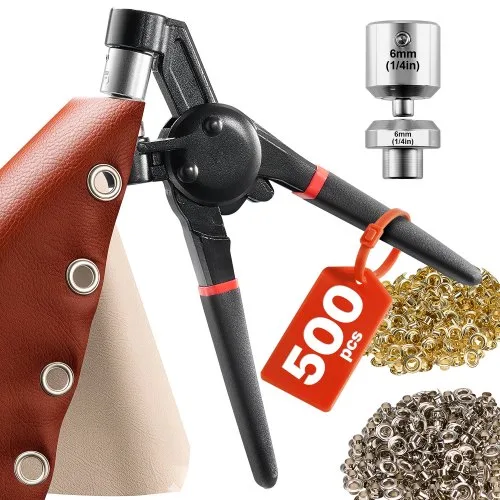 Ösen Werkzeugset 500 Stk. 6 mm Metallösen in Gold und Silber, Ösenset mit manueller Ösenpresse & Locher & Block, Lochstanze Lochzange Locher für Leder Plane Schuhe Basteln Stoff Gürtel van Vevor – productafbeelding