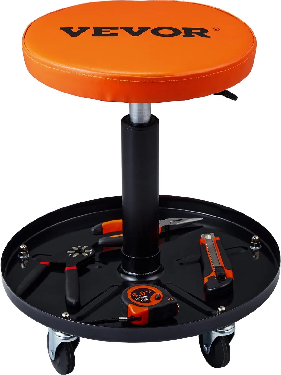 Tabouret d'Atelier Mobile Charge 113,4 kg Tabouret de Mécanicien à Roulettes Lisses Siège d'Atelier Hauteur Réglable avec Plateau à Outils Cadre Robuste Assis Rembourré Confortable Garage Auto de Vevor, Noir – image du produit