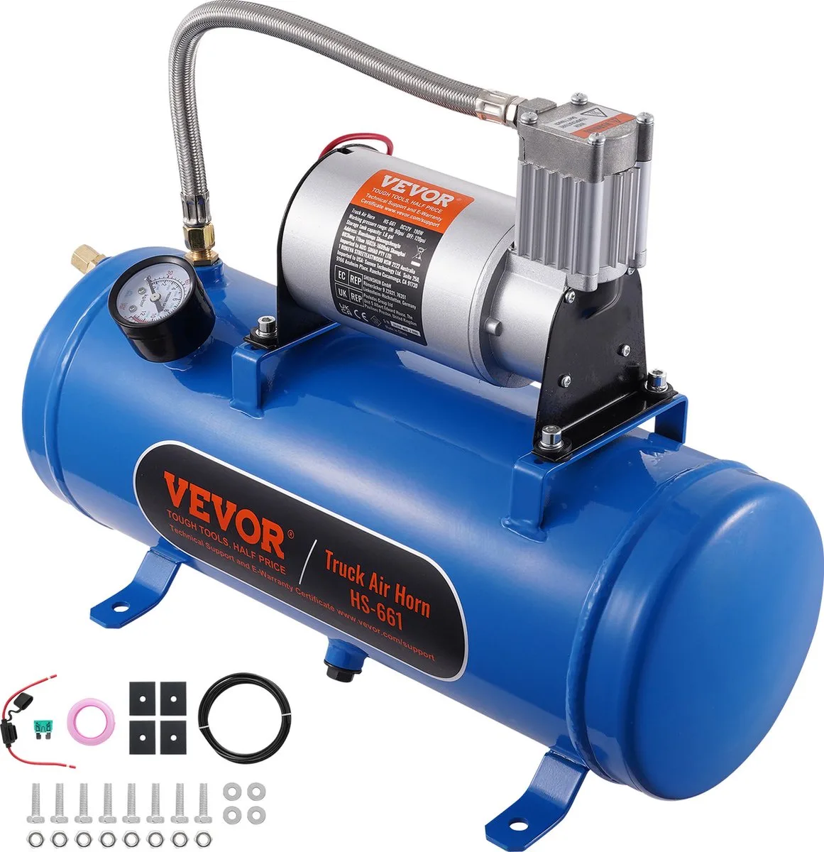 VEVOR 12V Luchtcompressor met Tank 6L, Treinhoornluchtcompressorset, 90-120PSI Werkdruk, Geïntegreerd Luchtcompressorsysteem voor Treinluchthoorns, het Oppompen van Banden, Vrachtwagens, SUV's, enz. by Vevor, Blue – product image