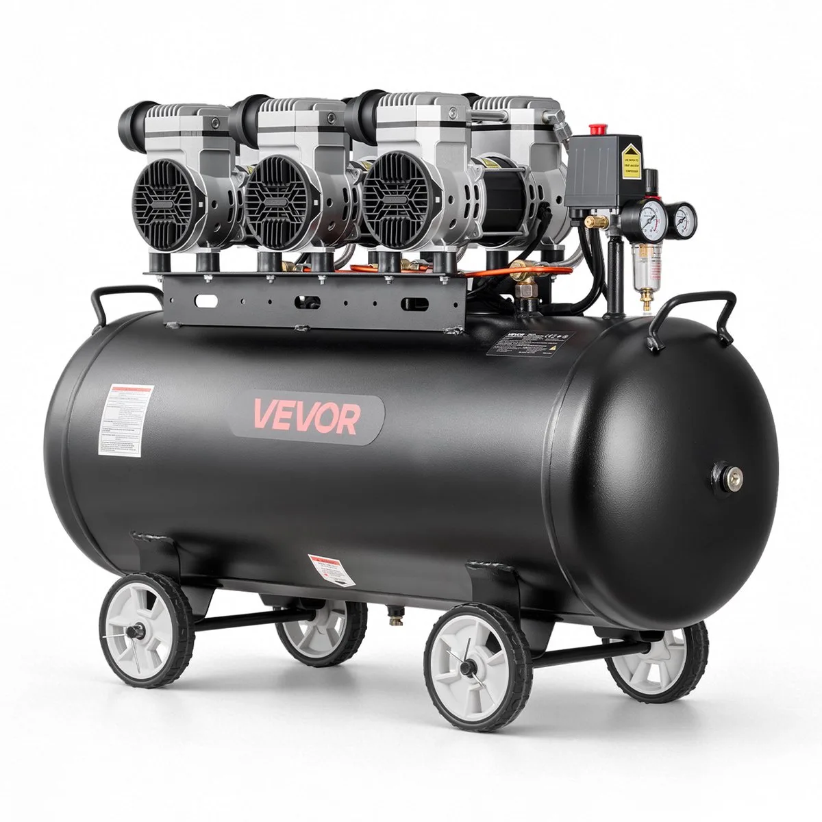 VEVOR 3 kW Luchtcompressor, Olievrije Compressor met 100 Liter Luchttank, Fluisterstille Compressor met Een Capaciteit van 198 L/Min Bij 6,2 Bar en Een Maximale Druk van 8 Bar, Draagbare Luchtcompressor met Wielen en Handvat voor Werkplaats by Vevor, Black – product image