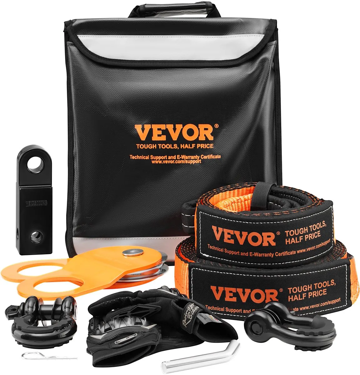 VEVOR 3" X 36" Sleepkabellierherstelset Met Sleepriemen Van 30.000 Lb, D-Ringsluitingen Van 40.000 Lb, Beugelontvanger, Katrol, Handschoenen, Opbergtas voor Atv Jeep Truck de Vevor, Noir – image du produit