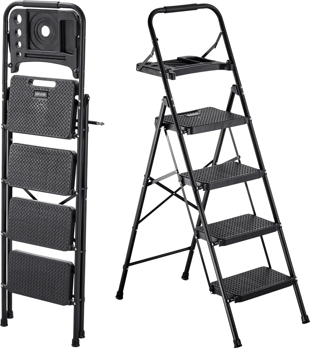 VEVOR 4-Treden Opvouwbare Ladder met Gereedschapsbak en Comfortabele Handgreep, Huishoudladder, Draagvermogen Tot 272 Kg, Trapladder, Opvouwbare Kruk, Veiligheidsladder voor Keuken, Huis en Kantoor, Zwart från Vevor – produktbild