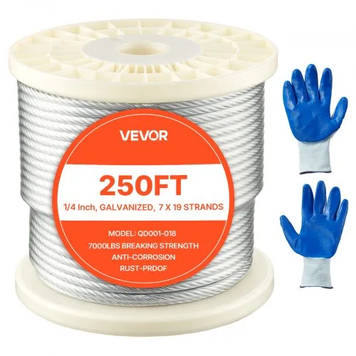 VEVOR 6,35 mm stålwire, 76,2 m længde, zinkgalvaniseret kulstofstålkabel med handsker, 31,1 kN brudstyrke, 7 x 19 tråde konstruktion, stålwire til terrassegelændersystem, haveespalier de Vevor – image du produit