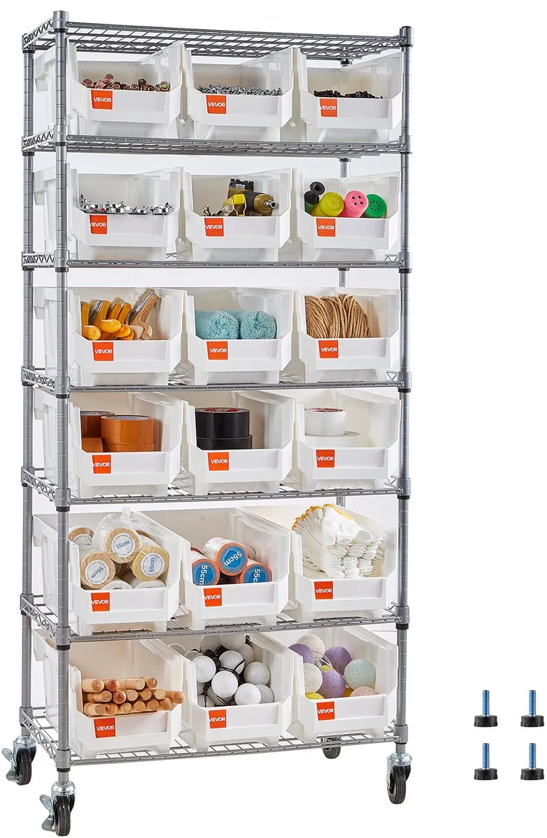 Vrijstaande Opbergkast, Opbergrek met 7 Niveaus En 18 Stapelbare Dozen, Boekenplank, Keukenrek Op Wielen, Gereedschapskast voor Garage, Magazijn, Kantoor, Restaurant, Klaslokaal, Keuken, 690x355x1490 mm van Vevor, Zilver – productafbeelding