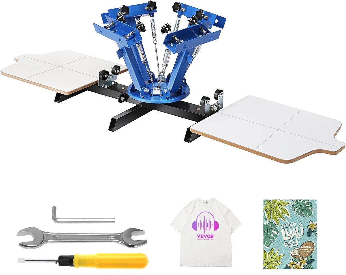 Machine de Sérigraphie 4 Couleurs 2 Stations Presse à Sérigraphie Plateau 54 x 45 cm Machine d'Impression à Écran Rotative à 360° pour Impression à Plat T-shirt Vêtements Bois Plastique Papier de Vevor, Bleu – image du produit