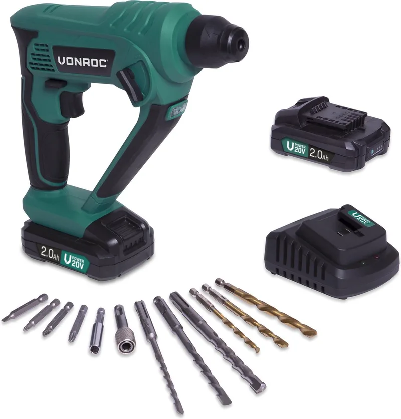 Accu boorhamer – VPower 20V – 2x 2.0Ah accu & lader – 1.3 Joule – SDS-plus – Incl. accessoires van VONROC – productafbeelding