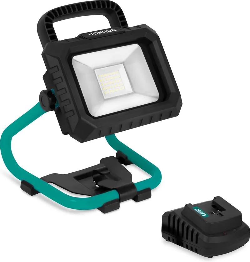 Accu Bouwlamp 20V - LED - 20W – 2 standen: 900/1800 lumen – kantelbaar – brede stralingshoek - Incl. 2.0Ah accu en snellader van VONROC, Groen – productafbeelding