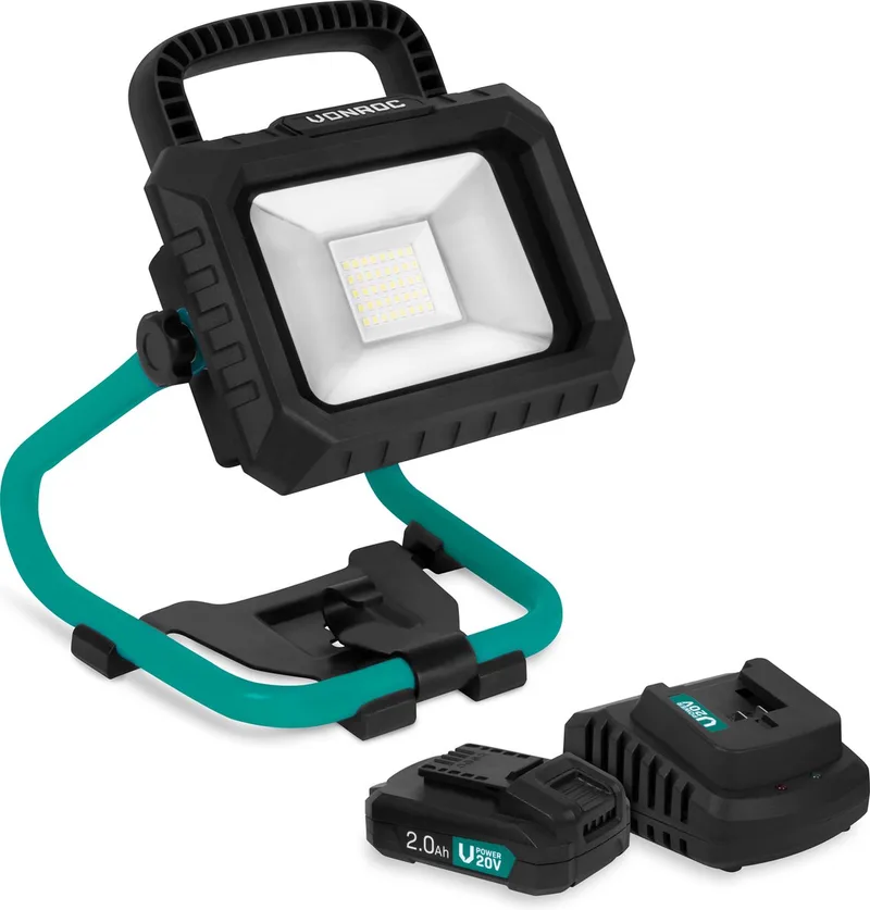 Accu Bouwlamp 20V - LED - 20W – 2 standen: 900/1800 lumen – kantelbaar – brede stralingshoek - Incl. 2x 2.0Ah accu en snellader van VONROC, Groen – productafbeelding
