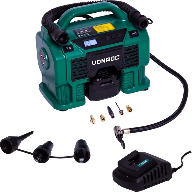 Accu compressor VPower 20V – 20V accu & 12V aansluiting – Incl. accessoires en 4.0Ah accu van VONROC, 1X 4.0Ah accu – productafbeelding