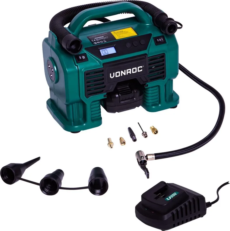 Accu compressor VPower 20V – 20V accu & 12V aansluiting – Incl. accessoires en 2.0Ah accu de VONROC, 1X 2.0Ah accu – image du produit