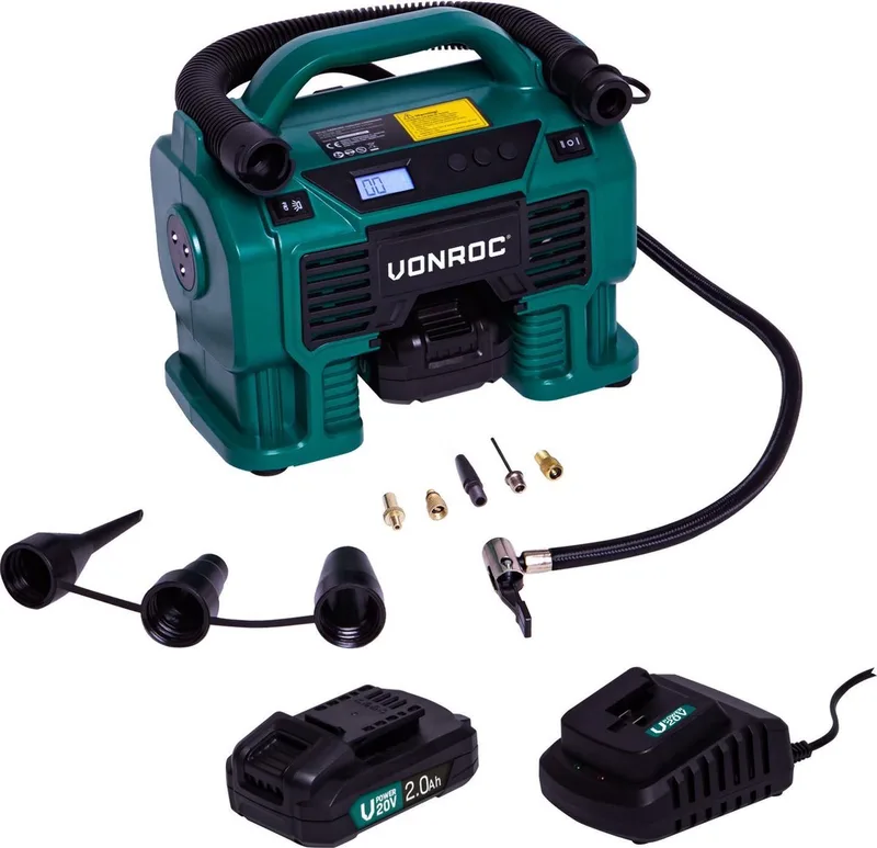 Accu compressor VPower 20V – 20V accu & 12V aansluiting – Incl. accessoires van VONROC, 2X 2.0Ah accu – productafbeelding