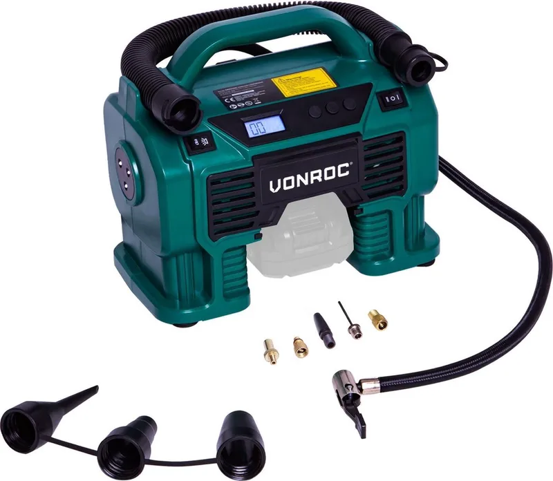 Accu compressor – VPower 20V – Zonder accu & lader – 20V accu & 12V aansluiting – 11 bar – Incl. 8 accessoires van VONROC, 0 Accu – productafbeelding