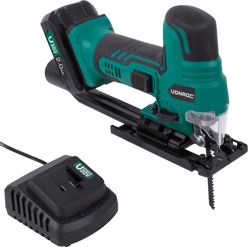 Accu decoupeerzaag VPower 20V – Ergonomische T-handgreep – Instelbare snelheid & zaaghoek – Incl. 2.0Ah accu en snellader van VONROC – productafbeelding