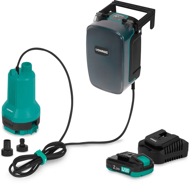 Accu Dompelpomp 20V - 90W – 3.800 l/h, 0.6 bar – vlakzuigend tot 1mm - schoon- en vuilwater - Incl. 2.0Ah accu en snellader von VONROC – Produktbild
