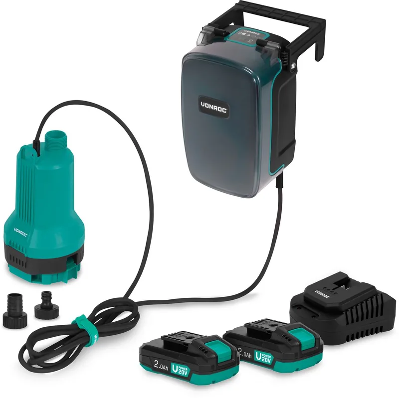 Accu Dompelpomp 20V - 90W – 3.800 l/h, 0.6 bar – vlakzuigend tot 1mm - schoon- en vuilwater - Incl. 2x 2.0Ah accu en snellader de VONROC – image du produit