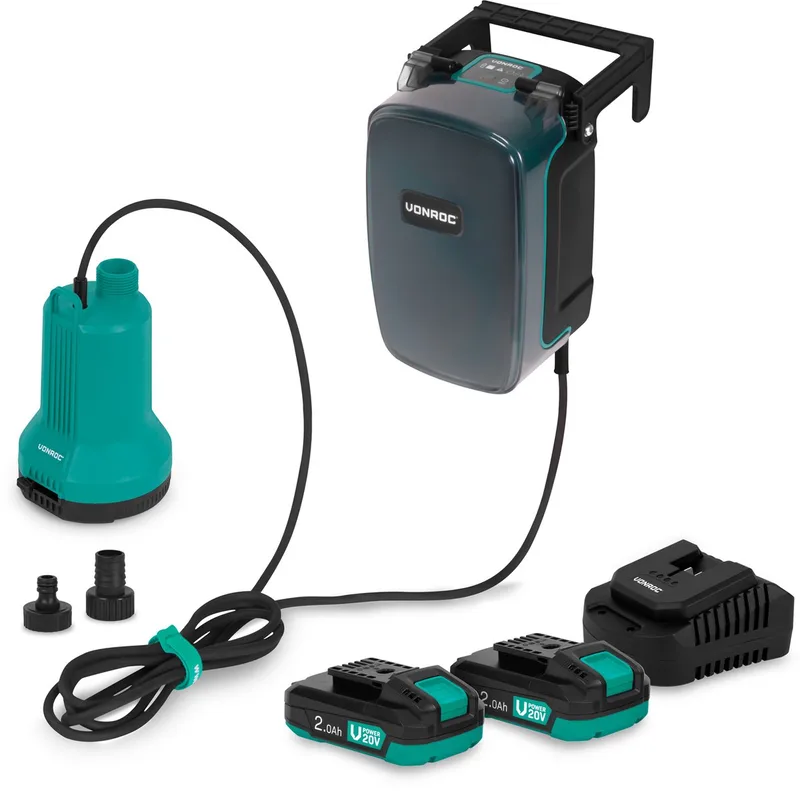 Accu Dompelpomp 20V - 90W – 4.500 l/h, 0,8 bar – vlakzuigend tot 1mm – schoonwater - Incl. 2x 2.0Ah accu en snellader von VONROC – Produktbild
